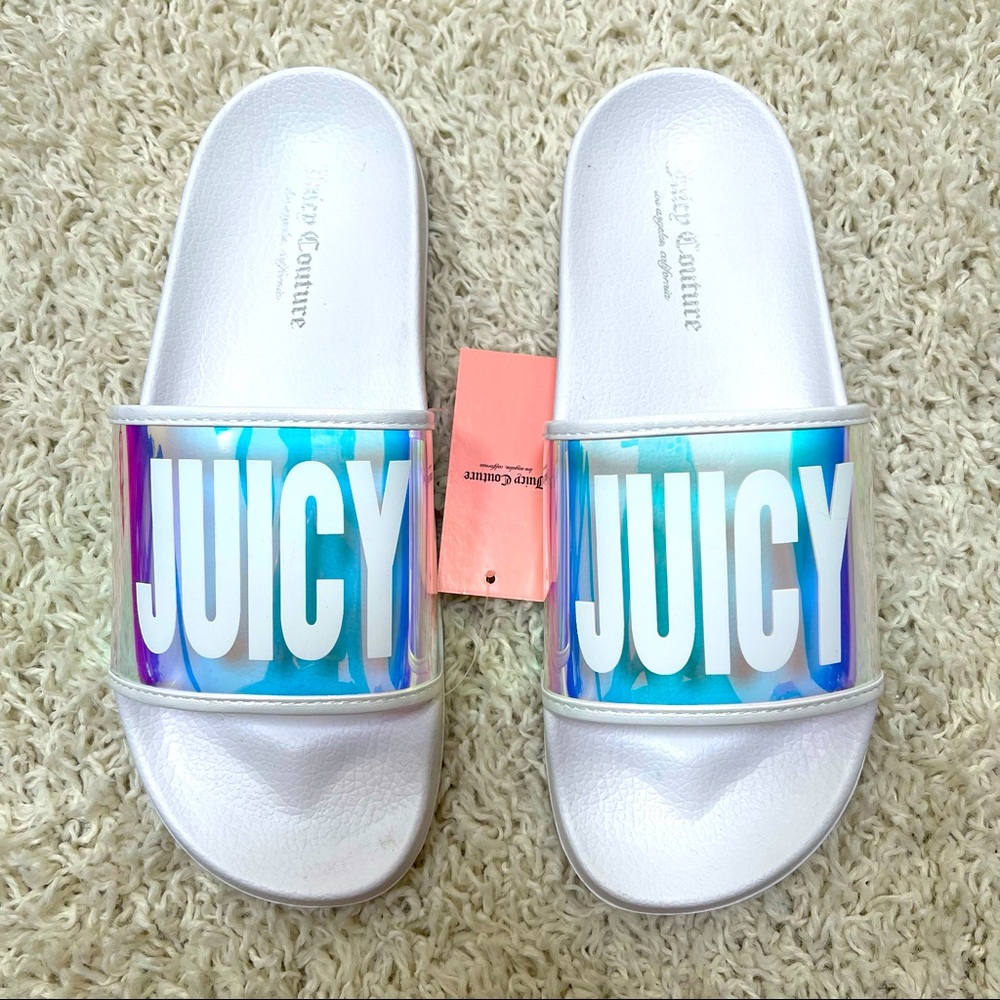 Juicy Couture Women's Pool Slides White Size 9 HOLOGRAPHIC JUICY LOGO NEW
